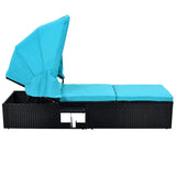 TOPMAX 76.8" Long Reclining Single Chaise Lounge with Cushions,Canopy and Cup Table, Black Wicker+Blue Cushion