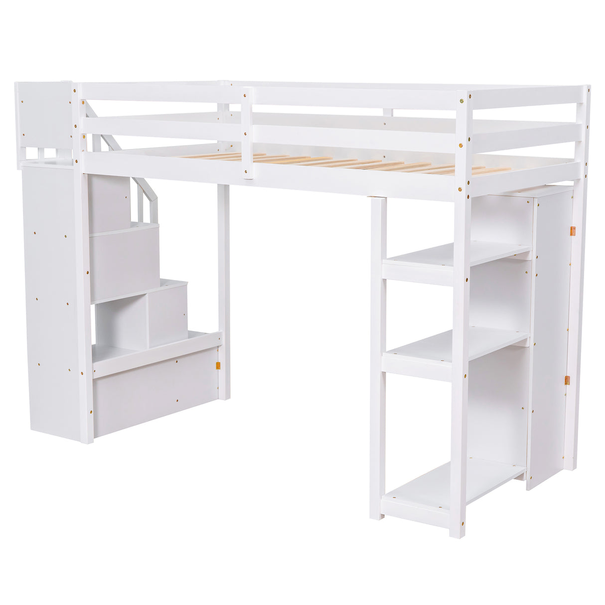 Twin size Loft Bed with Storage Drawers and Stairs, Wooden Loft Bed with Shelves - White - Home Elegance USA