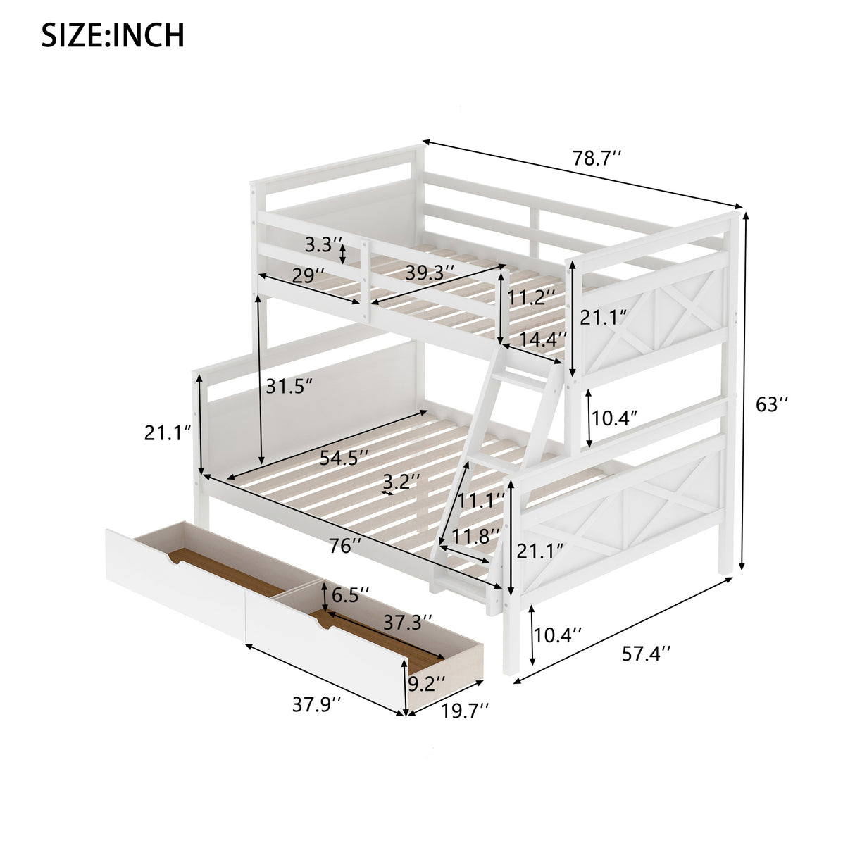 Twin over Full Bunk Bed with Ladder, Two Storage Drawers, Safety Guardrail, White - Home Elegance USA