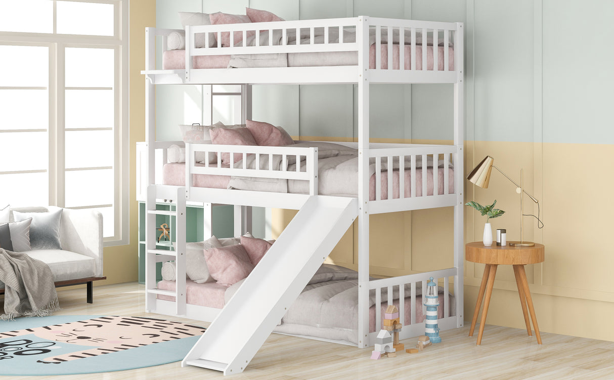 Twin-Over-Twin-Over-Twin Triple Bed with Built-in Ladder and Slide , Triple Bunk Bed with Guardrails, White - Home Elegance USA