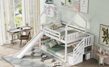 Twin over Twin House Bunk Bed with Convertible Slide,Storage Staircase,White - Home Elegance USA