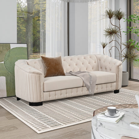 82" Mid Century Modern Sofa with Rubber Wood Legs,Velvet Upholstered Sofa Couch,Sofa with Thick Removable Seat Cushion, 3 Seater Sofa Couch for Living Room,Beige - SG000576AAA - image - 3