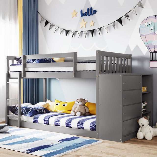 Twin over Twin Bunk Bed with 4 Drawers and 3 Shelves-Gray（OLD SKU: LP000067AAE） - Home Elegance USA