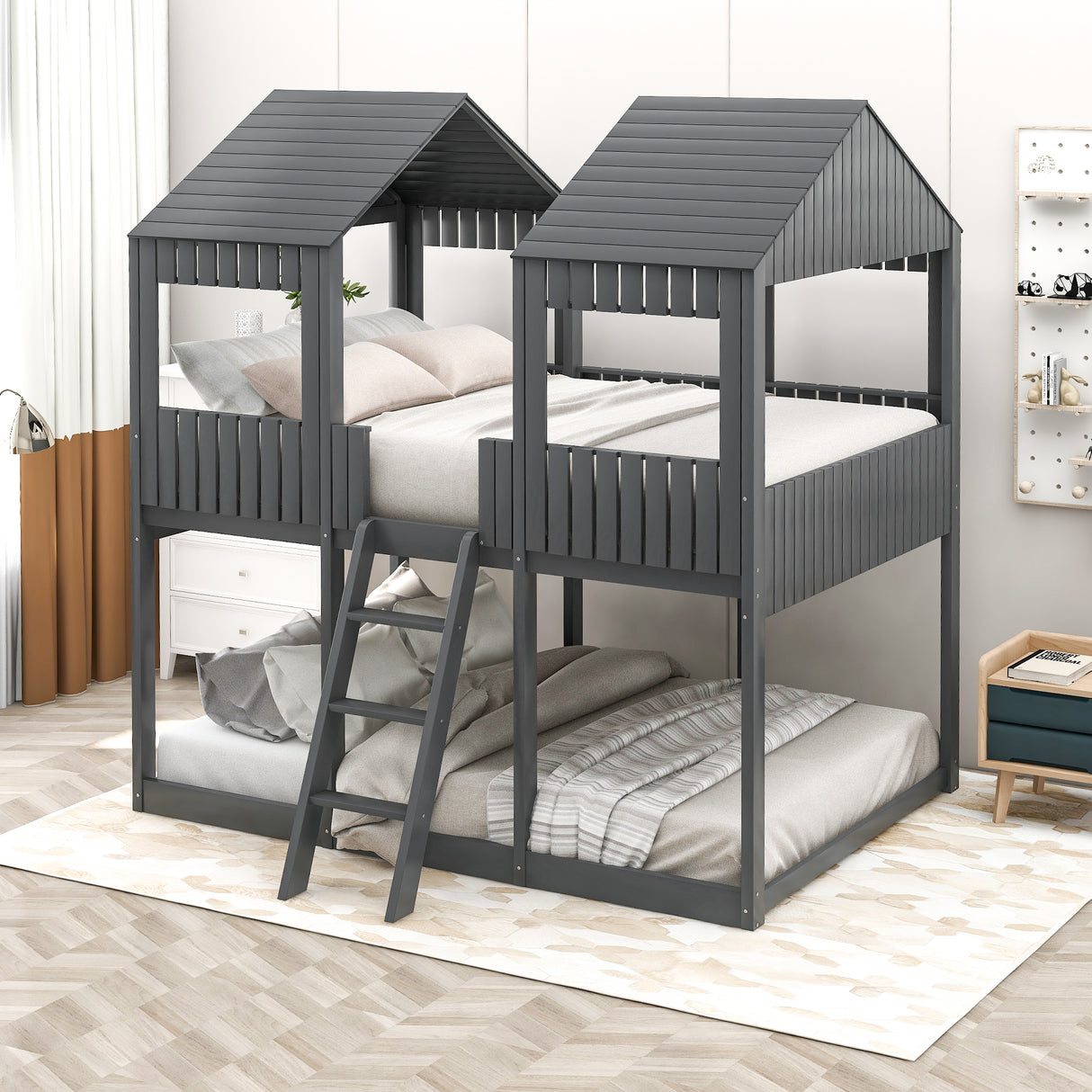 Full Over Full WoodBunk Bed with Roof, Window, Guardrail, Ladder (Gray)( old sku: LP000031AAN ) - Home Elegance USA