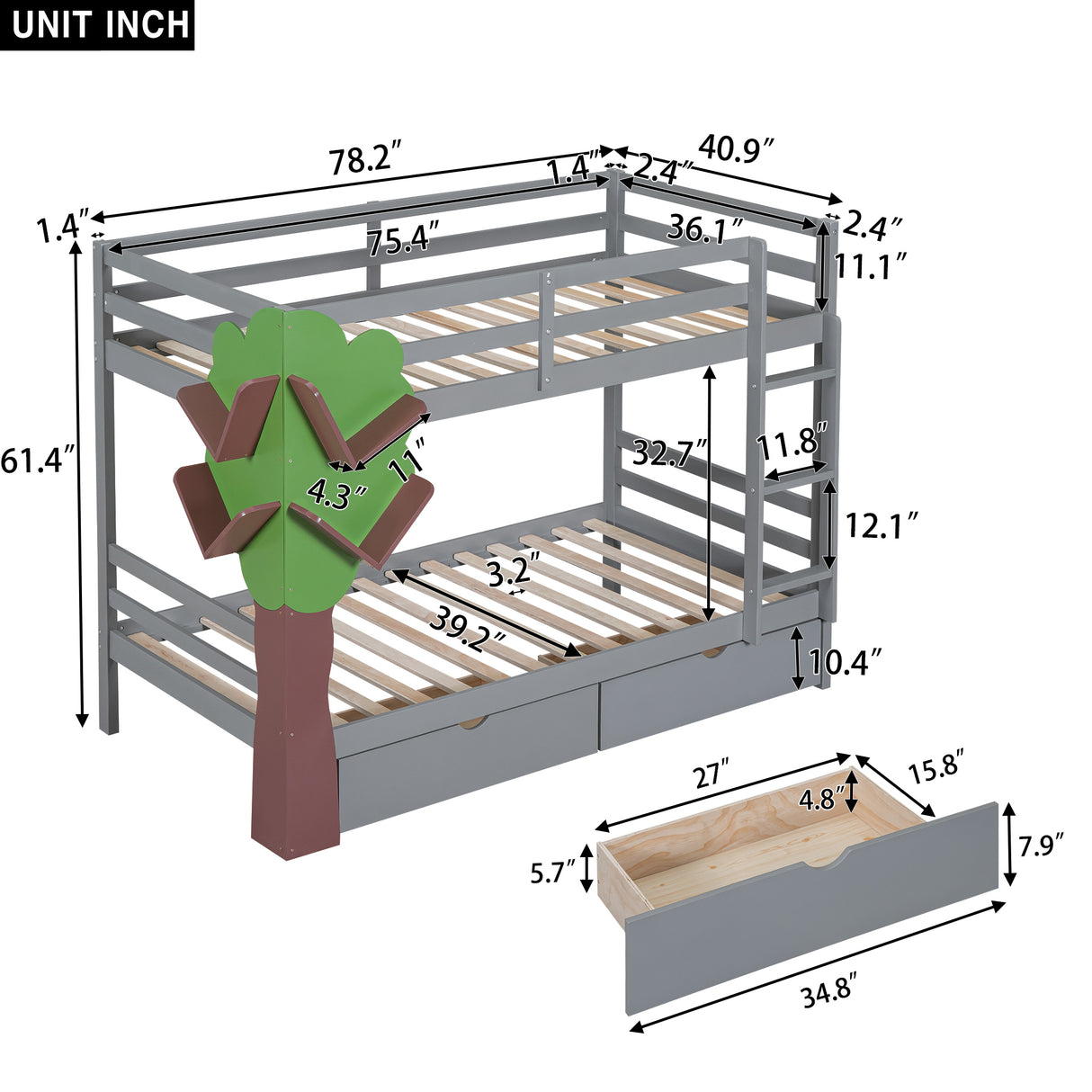 Twin-Over-Twin Bunk Bed with  a Tree Decor and Two Storage Drawers, Gray - Home Elegance USA