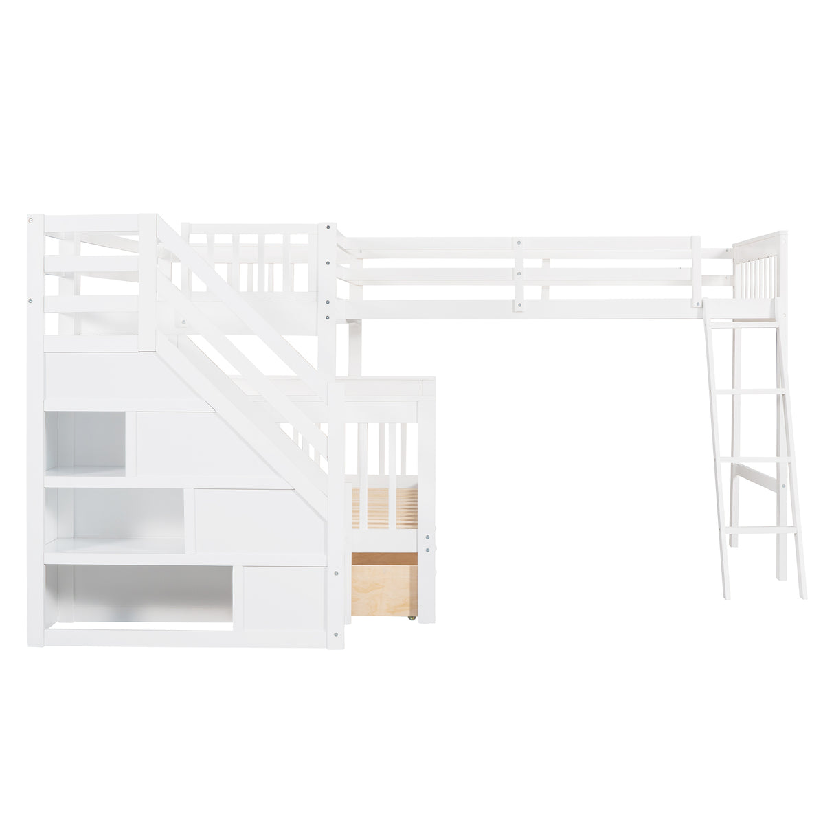 Twin over Full L-Shaped Bunk Bed With 3 Drawers, Ladder and Staircase - White - Home Elegance USA