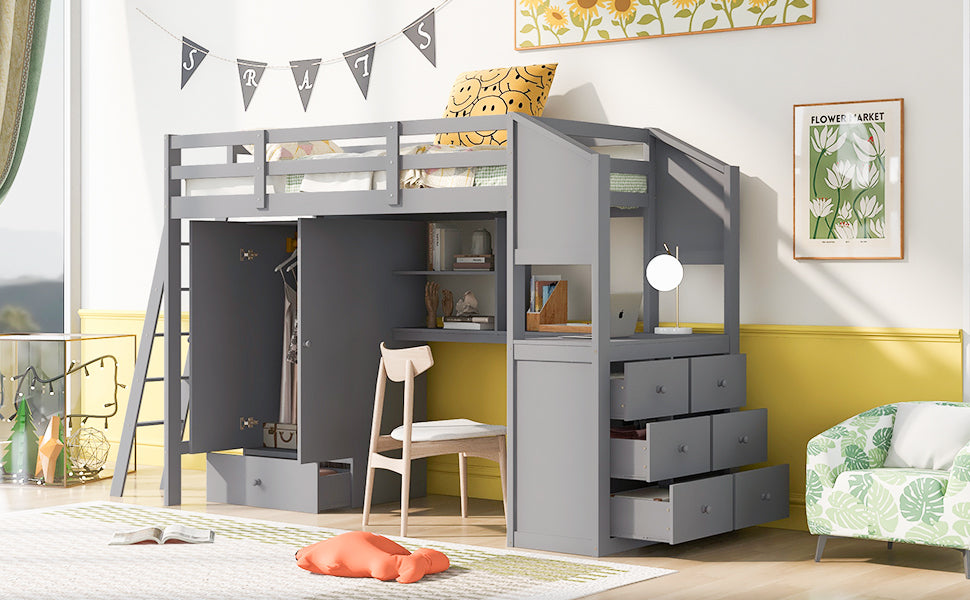 Twin Size Loft Bed with Wardrobe and Drawers, attached Desk with Shelves, Gray - Home Elegance USA