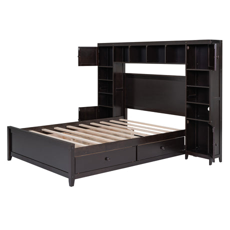 Full Size Wooden Bed With All-in-One Cabinet and Shelf, Espresso - Home Elegance USA