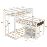 L-shaped Wood Triple Twin Size Bunk Bed with Storage Cabinet and Blackboard, Ladder, White - Home Elegance USA