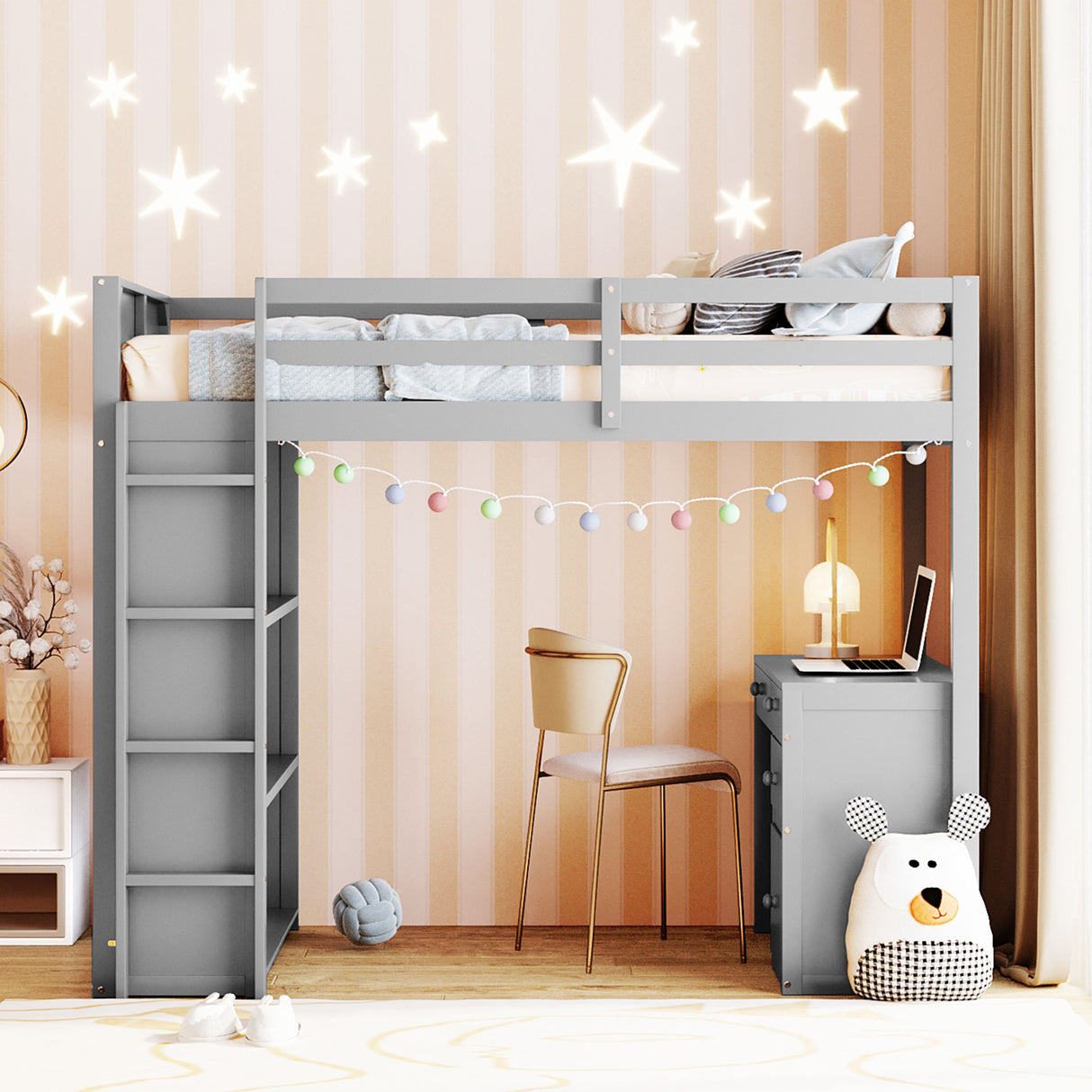 Twin Size Loft Bed with Ladder, Shelves, and Desk, Gray - Home Elegance USA