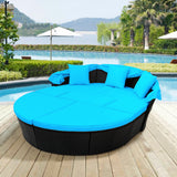 Outdoor rattan daybed sunbed with Retractable Canopy Wicker Furniture, Round Outdoor Sectional Sofa Set, black Wicker Furniture Clamshell  Seating with Washable Cushions, Backyard, Porch, Blue.