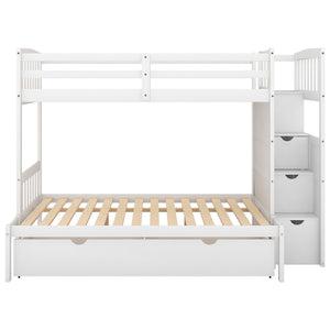 Twin over Full/Twin Bunk Bed, Convertible Bottom Bed, Storage Shelves and Drawers, White - Home Elegance USA