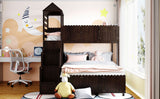 Stairway Twin Over Full Bunk Bed, House Bed with Two Shelves and Seven Drawers,Espresso - Home Elegance USA