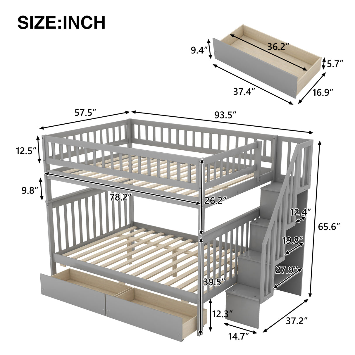 Full over Full Bunk Bed with Two Drawers and Storage, Gray - Home Elegance USA