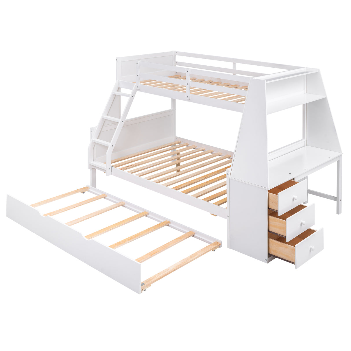 Twin over Full Bunk Bed with Trundle and Built-in Desk, Three Storage Drawers and Shelf,White - Home Elegance USA