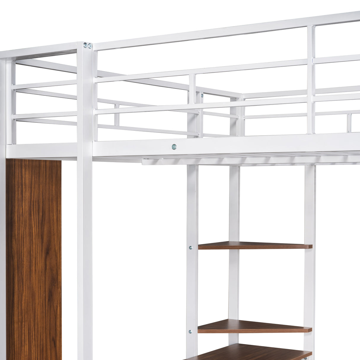 Full Size Metal Loft Bed with 2 Shelves and one Desk ,White (Old SKU: LP000191AAK )