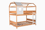 Full over Full Size House Bunk Bed with Window and Little Shelf,Full-Length Guardrail,Natural - Home Elegance USA