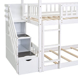 Twin Over Twin Bunk Bed with Drawers and Slide, House Bed with Slide,White(OLD SKU :LT000215AAK) - Home Elegance USA