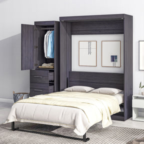 Full Size Murphy Bed with Wardrobe and Drawers, Storage Bed, can be Folded into a Cabinet, Gray - Home Elegance USA