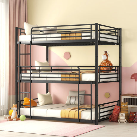 Full-Full-Full Metal  Triple Bed  with Built-in Ladder, Divided into Three Separate Beds,Black - Home Elegance USA