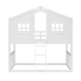 Twin Over Twin House Bunk Bed With Ladder, Wood Bed-White - Home Elegance USA