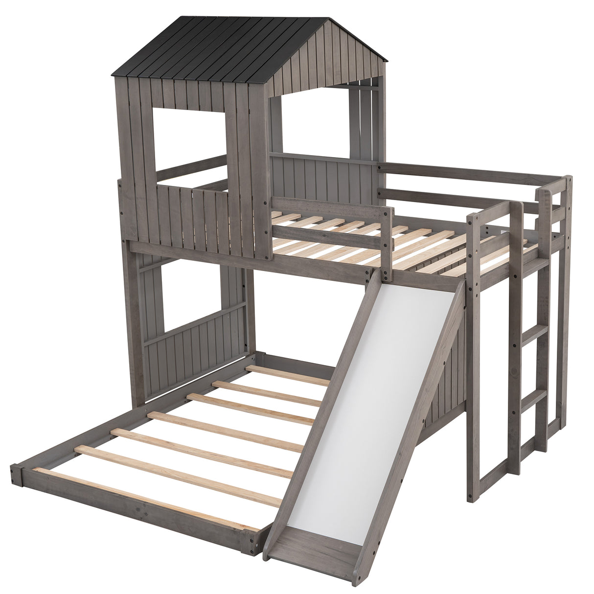 Wooden Twin Over Full Bunk Bed, Loft Bed with Playhouse, Farmhouse, Ladder, Slide and Guardrails, Antique Gray(OLD SKU :LT000028AAE) Home Elegance USA