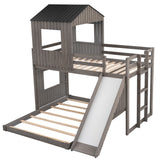 Wooden Twin Over Full Bunk Bed, Loft Bed with Playhouse, Farmhouse, Ladder, Slide and Guardrails, Antique Gray(OLD SKU :LT000028AAE) Home Elegance USA