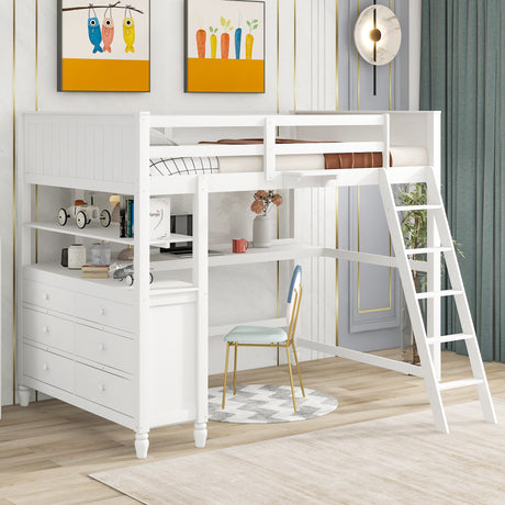 Full size Loft Bed with Drawers and Desk, Wooden Loft Bed with Shelves - White(OLD SKU:LT000529AAK) Home Elegance USA