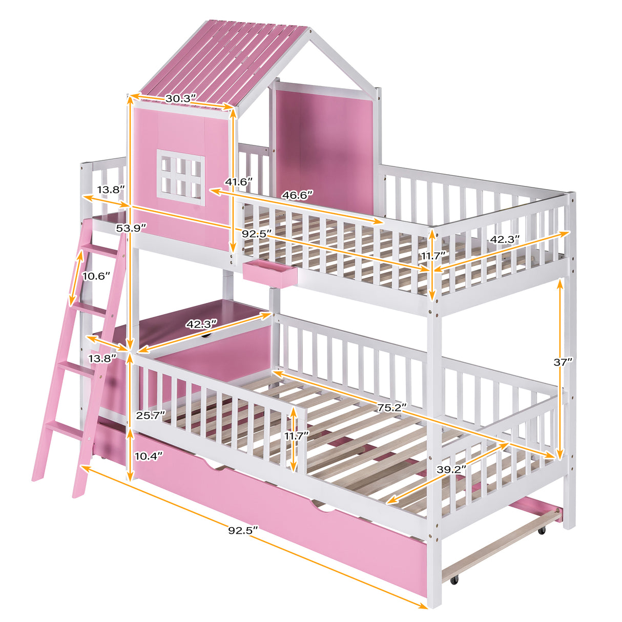 Twin over Twin Bunk Bed with Twin Size Trundle , Farmhouse Bed with Storage Box and Drawer - Pink - Home Elegance USA