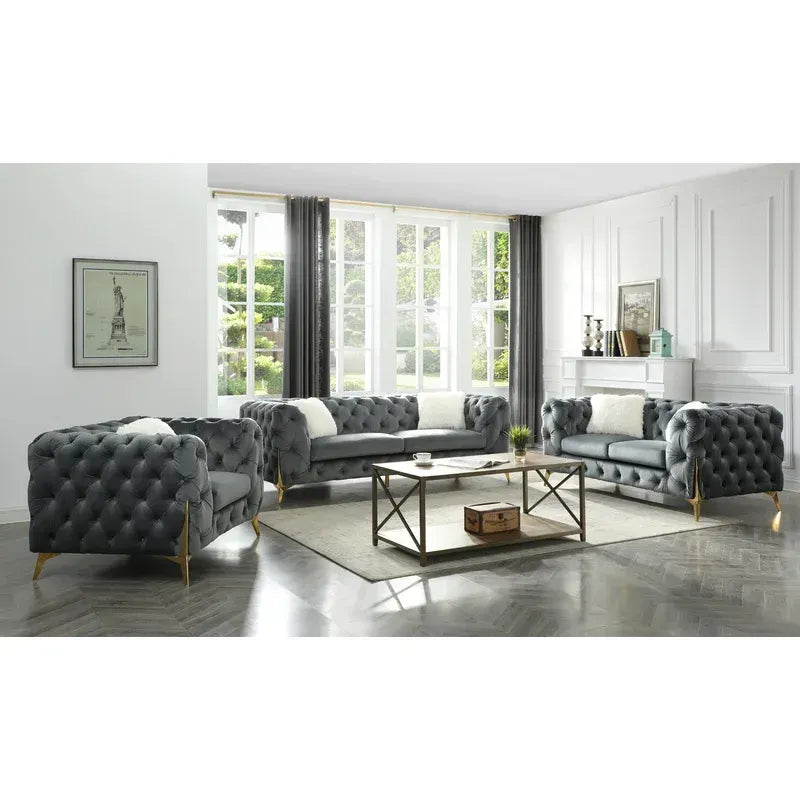 Moderno Tufted Sofa Finished in Velvet Fabric in Gray Home Elegance USA