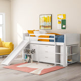 Low Twin Size Loft Bed with Cabinets, Shelves and Slide - White(OLD SKU :LP000503AAK)