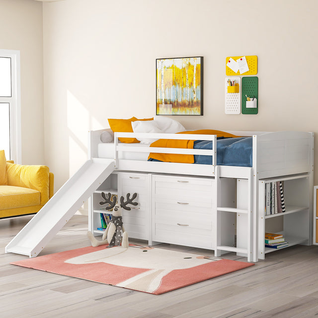 Low Twin Size Loft Bed with Cabinets, Shelves and Slide - White(OLD SKU :LP000503AAK)