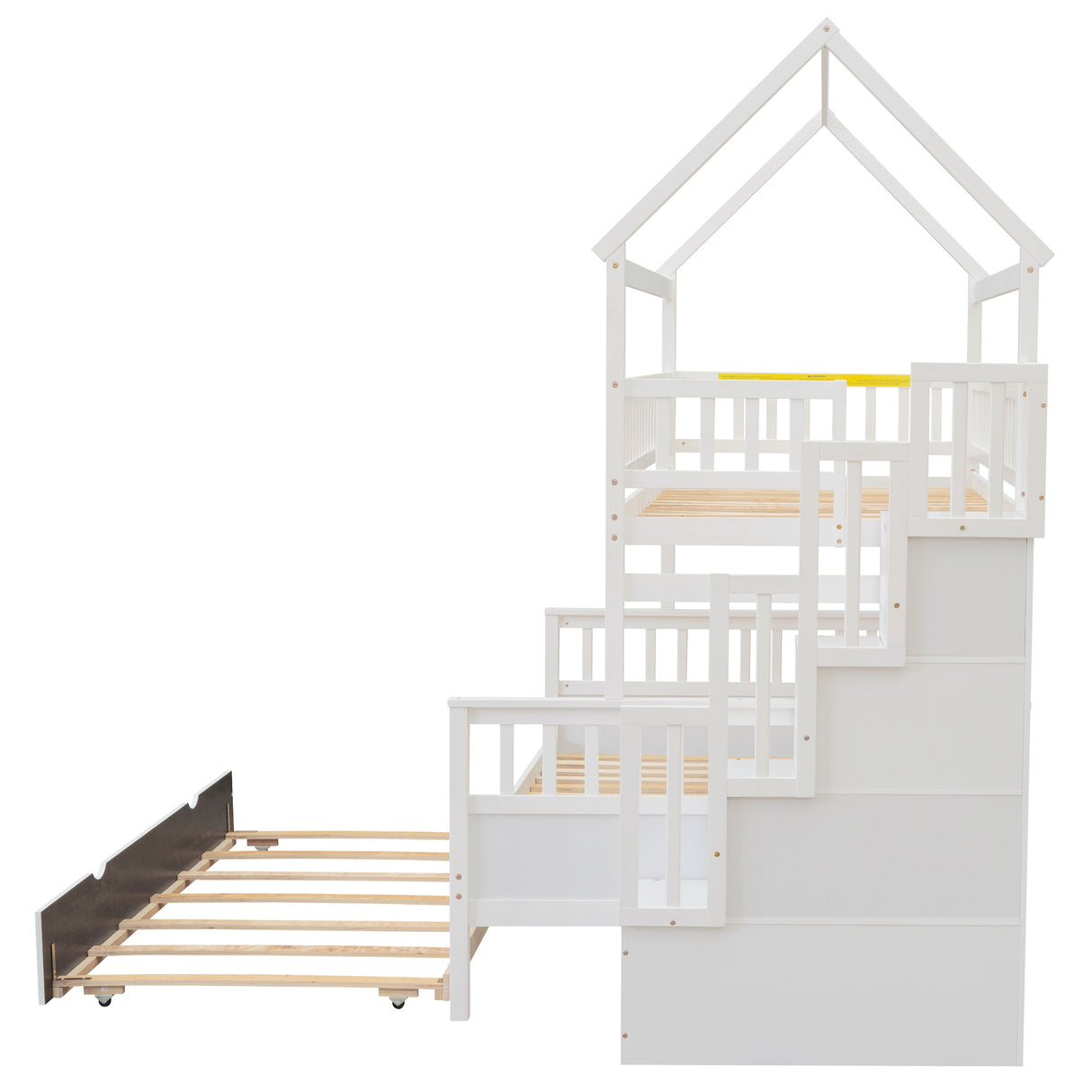 Twin over Full Size House Bunk Bed with Storage Staircase and Trundle,Full-Length Guardrail,White - Home Elegance USA