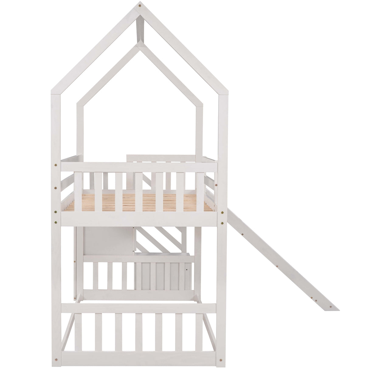 Twin over Twin House Bunk Bed with Convertible Slide,Storage Staircase,White - Home Elegance USA