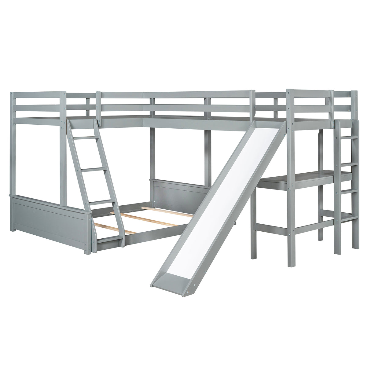 Twin over Full Bunk Bed with Twin Size Loft Bed with Desk and Slide,Full-Length Guardrail, Gray - Home Elegance USA