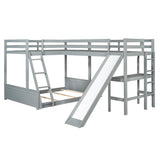 Twin over Full Bunk Bed with Twin Size Loft Bed with Desk and Slide,Full-Length Guardrail, Gray - Home Elegance USA