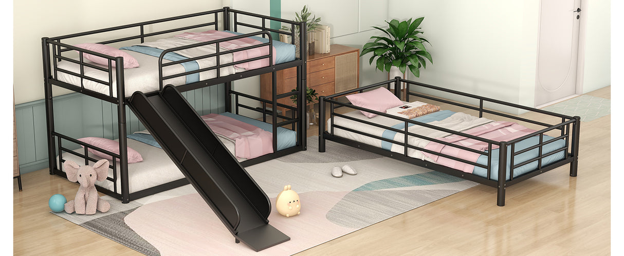 Twin Size Metal Bunk Bed with Ladders and Slide, Divided into Platform and Loft Bed, Black - Home Elegance USA