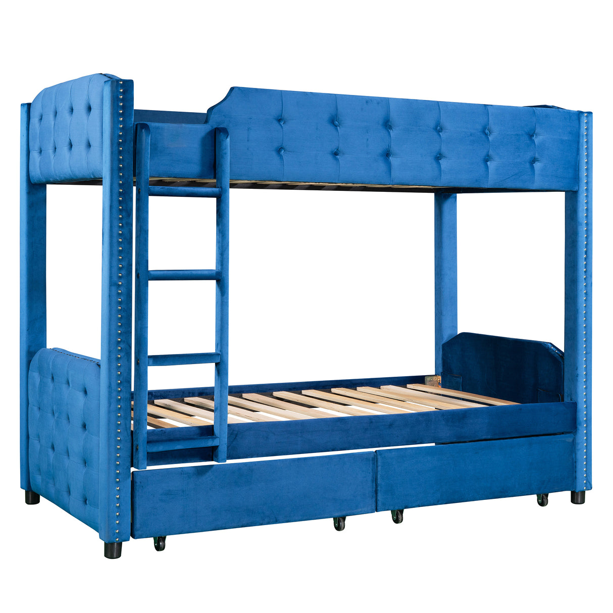 Twin over Twin Upholstered Bunk Bed with Two Drawers, Button-Tufted Headboard and Footboard Design, Blue - Home Elegance USA