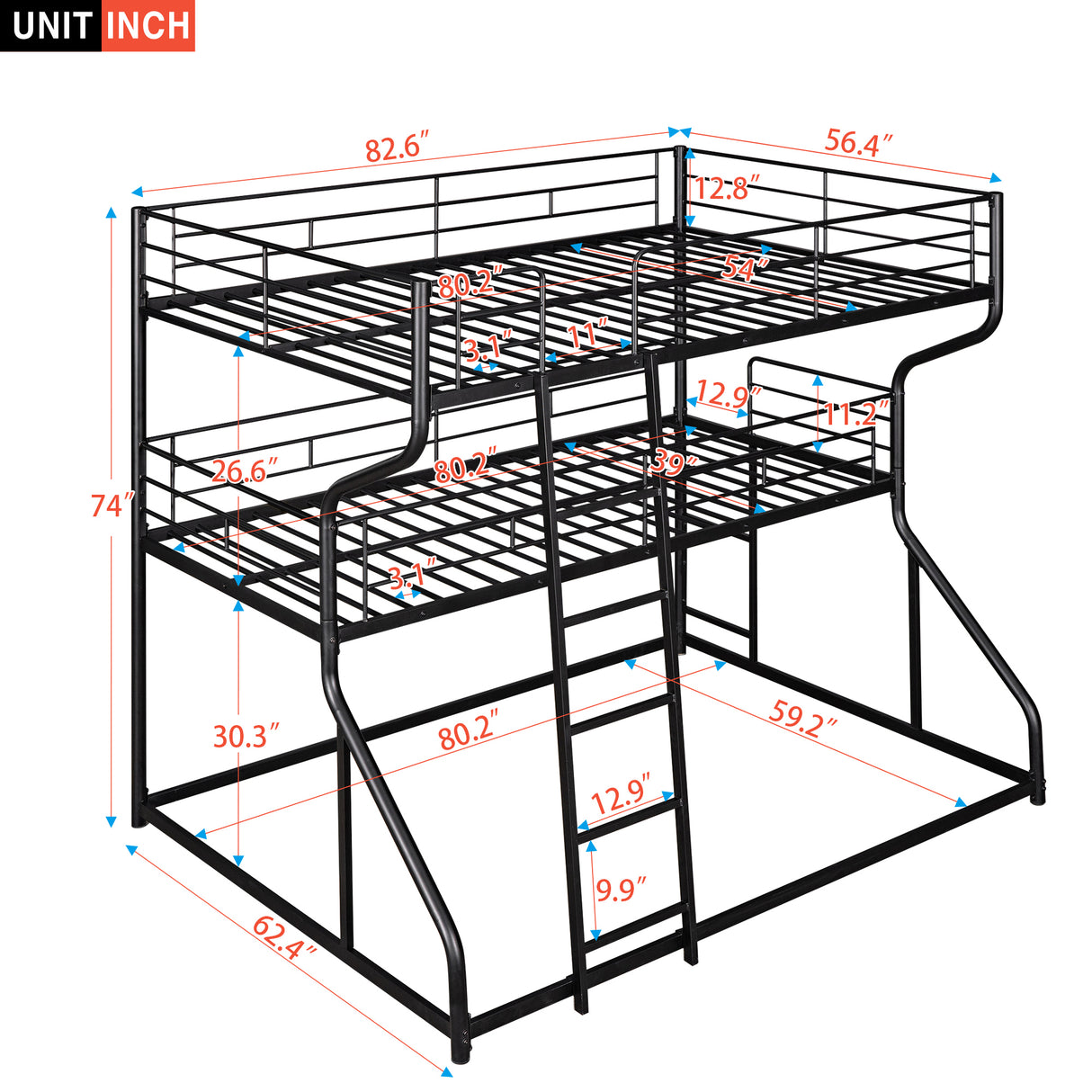 Full XL over Twin XL over Queen Size Triple Bunk Bed with Long and Short Ladder,Black - Home Elegance USA