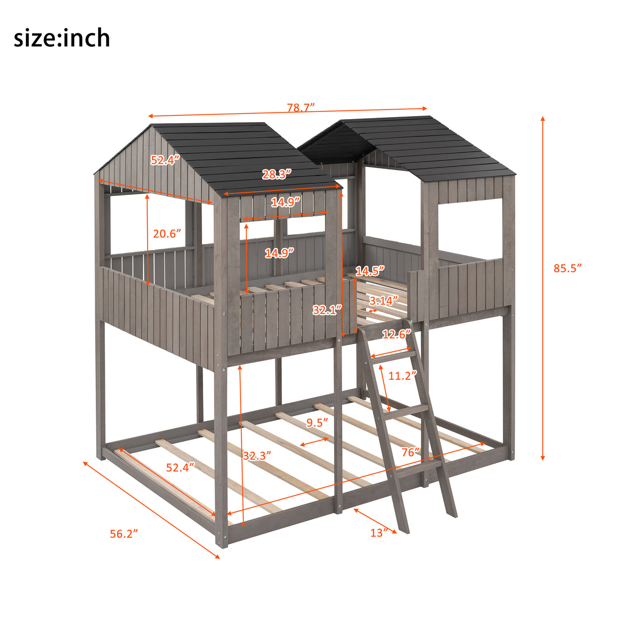 Full Over Full WoodBunk Bed with Roof, Window, Guardrail, Ladder  ( Antique Gray )( old sku: LP000031AAE ) - Home Elegance USA