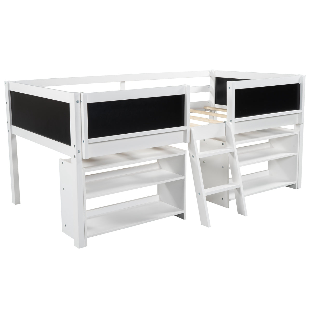 Twin Size Low Loft Bed with Two Movable Shelves and Ladder,with Decorative Guardrail Chalkboard,White - Home Elegance USA