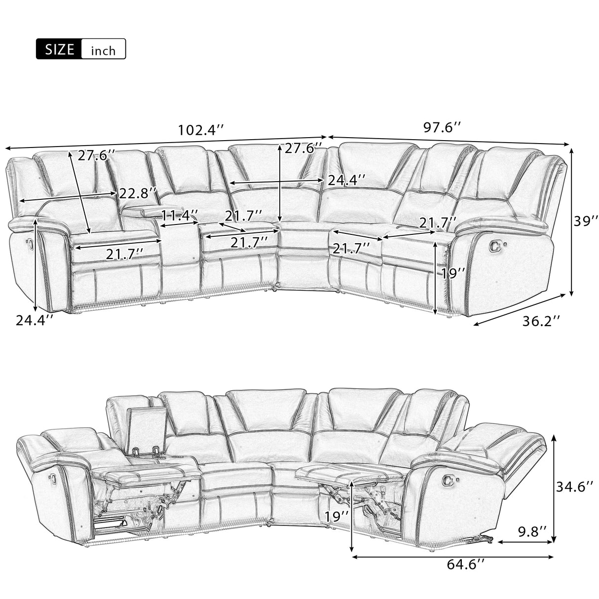 Modern Faux Leather Manual Reclining with Center Console with LED Light Strip,Living Room Furniture Set,PU Symmetrical Couch with 2 Cup Holders and Storage for Living room,Black - Home Elegance USA