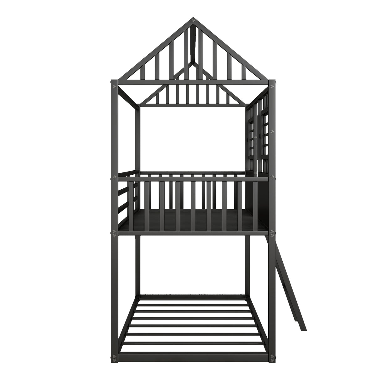 Twin over Twin Size Metal Low Bunk Beds with Roof and Fence-shaped Guardrail, Black - Home Elegance USA