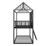 Twin over Twin Size Metal Low Bunk Beds with Roof and Fence-shaped Guardrail, Black - Home Elegance USA