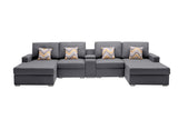 Nolan Gray Linen Fabric 5Pc Double Chaise Sectional Sofa with Interchangeable Legs, a USB, Charging Ports, Cupholders, Storage Console Table and Pillows - Home Elegance USA