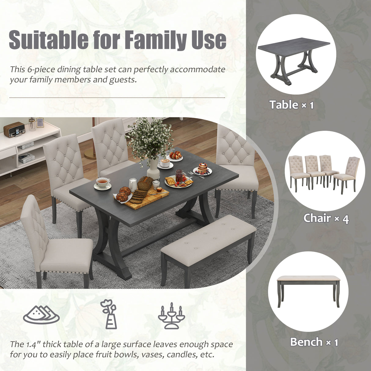 TREXM 6-Piece Farmhouse Dining Table Set, Rectangular Trestle Table and 4 Upholstered Chairs & Bench for Dining Room (Antique Gray) - Home Elegance USA