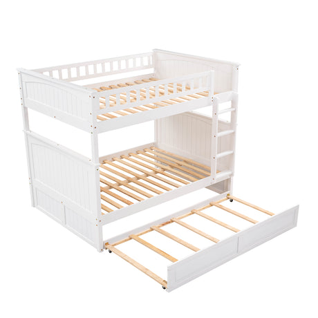 Full Over Full Bunk Bed with Twin Size Trundle, Pine Wood Bunk Bed with Guardrails, White （Old SKU:LP000044AAK）