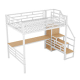 Full Size Metal Loft Bed with Desk, Storage Staircase and Small Wardrobe, Storage stairs can be installed left and right, White - Home Elegance USA