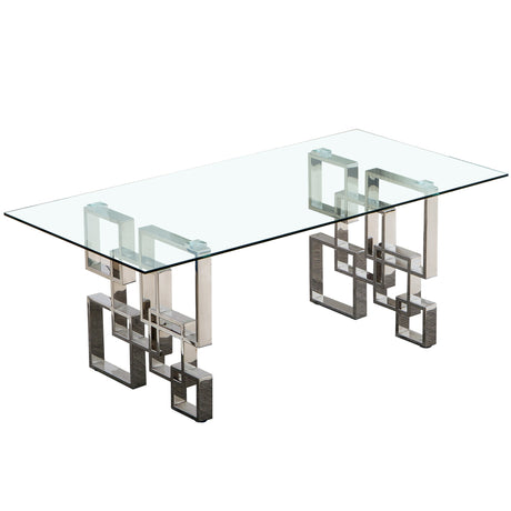 Contemporary Glass Table, 0.47" Clear Tempered Glass Top, Silver Mirrored Finish, Luxury Design For Home (78.7x39.4x29.5) - Home Elegance USA