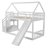 Twin over Twin House Bunk Bed with Slide and Storage Staircase,White - Home Elegance USA